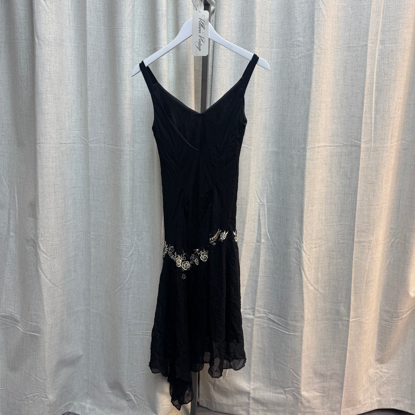 Black Floral Embroidered Asymmetrical Slip Dress