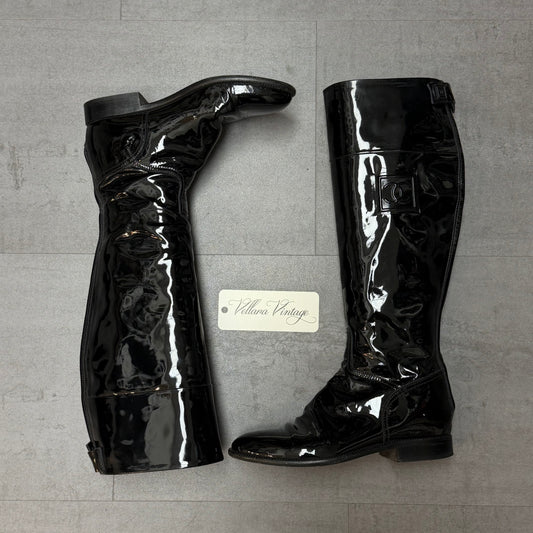 Black Chanel Tall Patent Leather Rain Boots