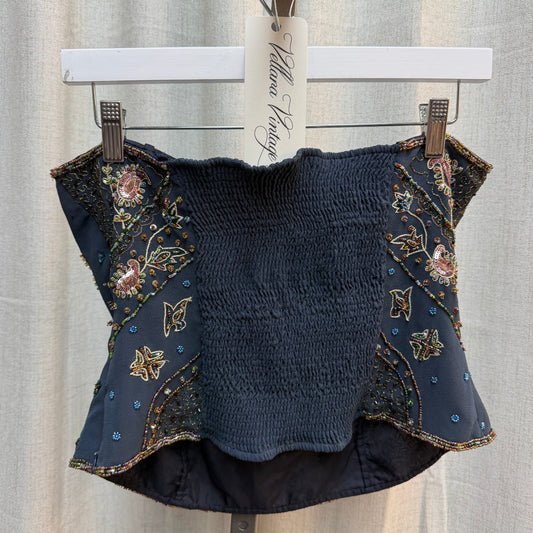 Dark Blue Beaded Paisley Strapless Top