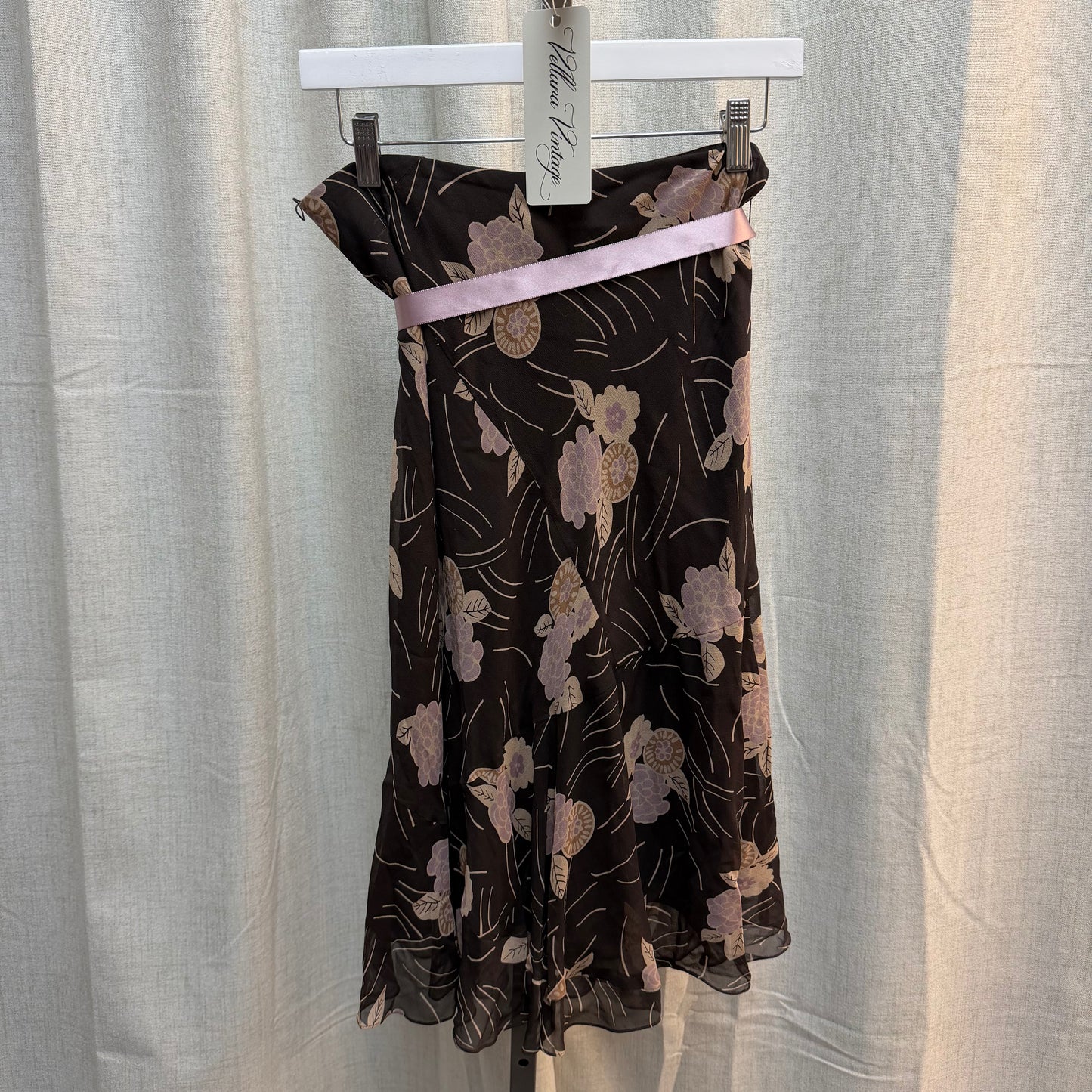Brown Floral Midi Skirt with Ribbon
