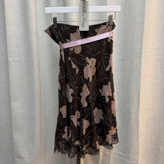 Brown Floral Midi Skirt with Ribbon