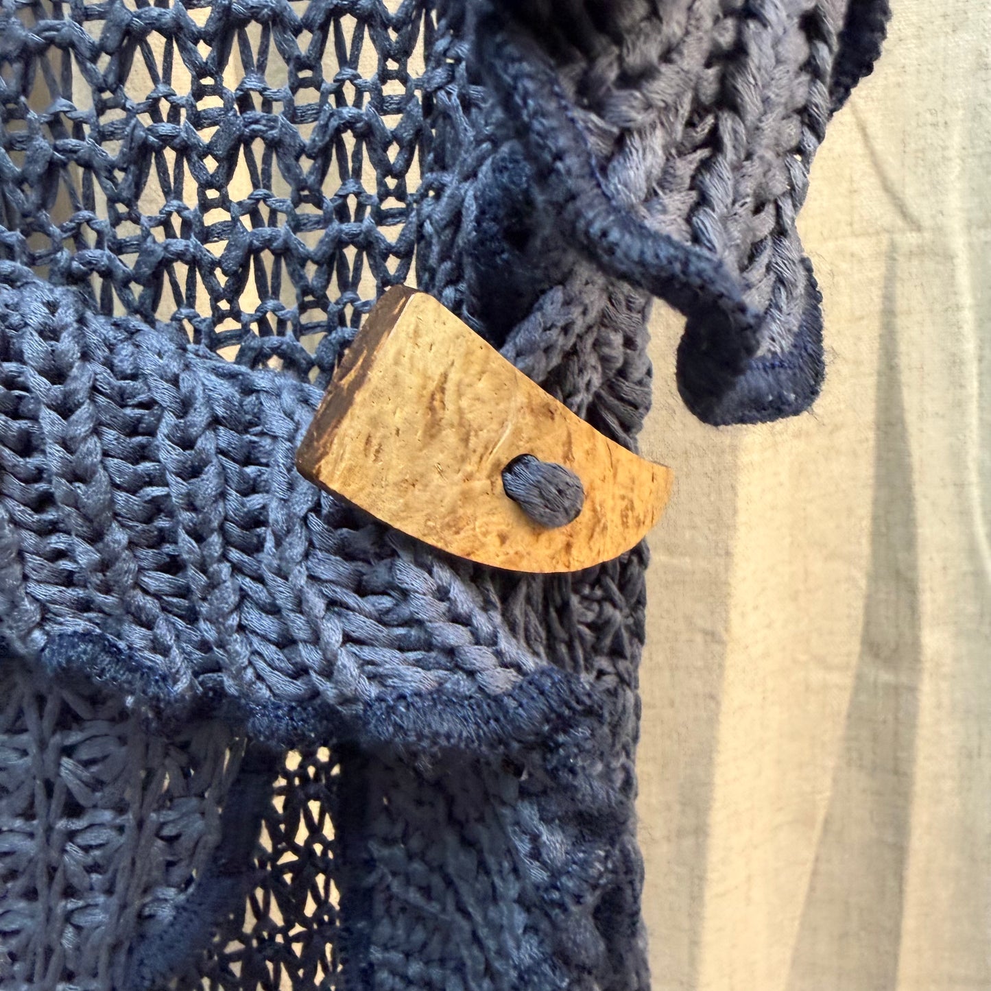 Blue Knit Cardigan with Wooden Buckle