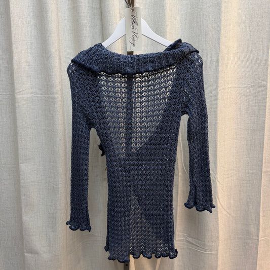 Blue Knit Cardigan with Wooden Buckle