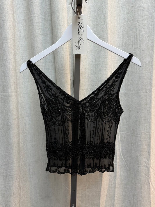 Black Beaded Art Deco Style Sheer Top 100% Silk