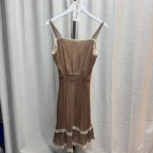 Silk Mocha Lace Trim Button-Front Midi Dress