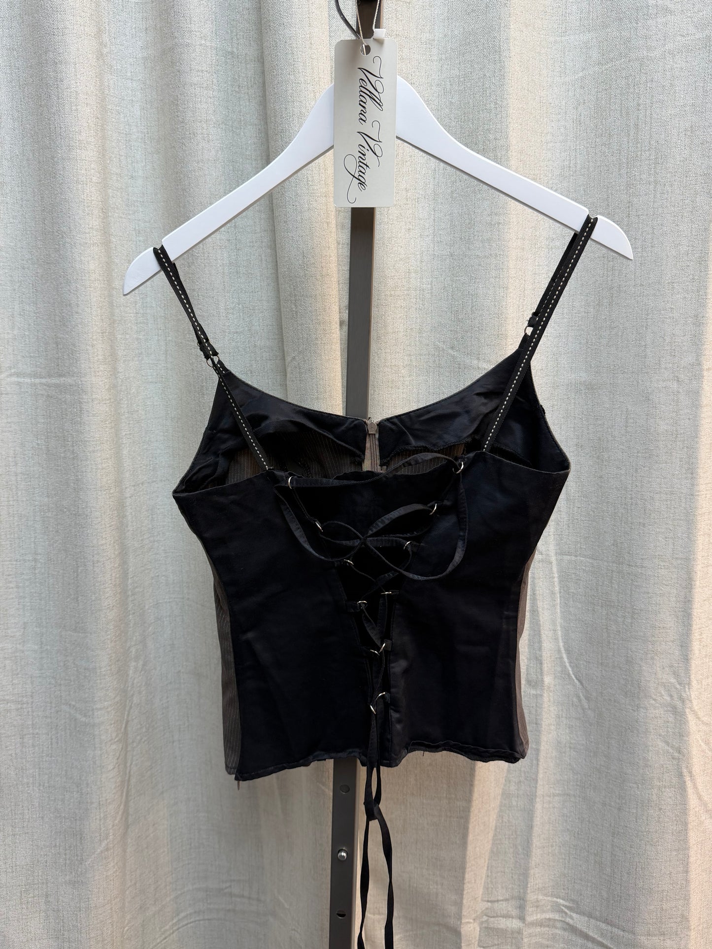 Gray Pinstripe Satin and Lace Bustier
