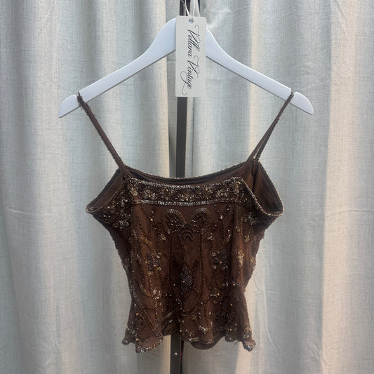 Brown Silk Beaded Tank Top