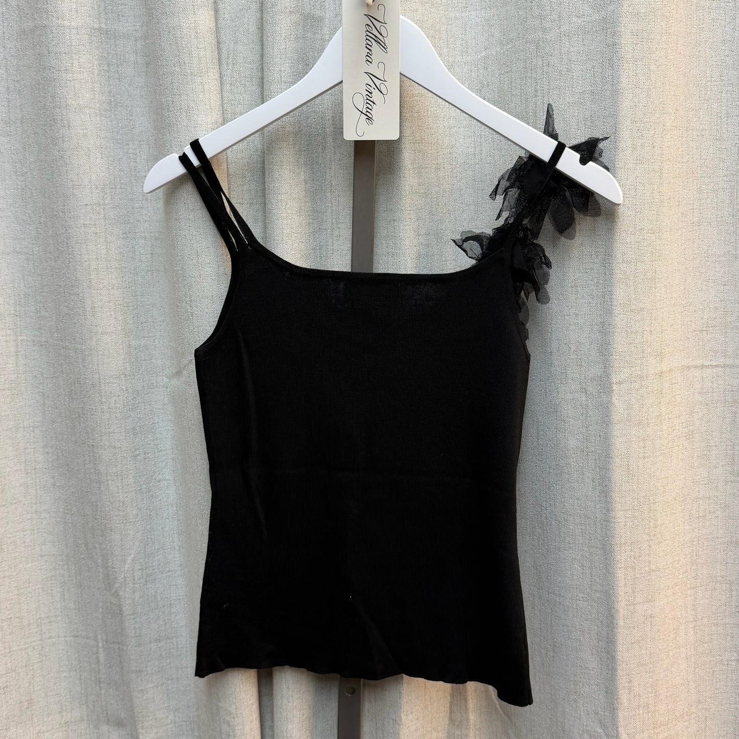 Papillon Rouge Black Floral Appliqué Asymmetrical Strap Top
