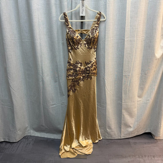 ZM Woman Gold Embellished Satin Evening Gown