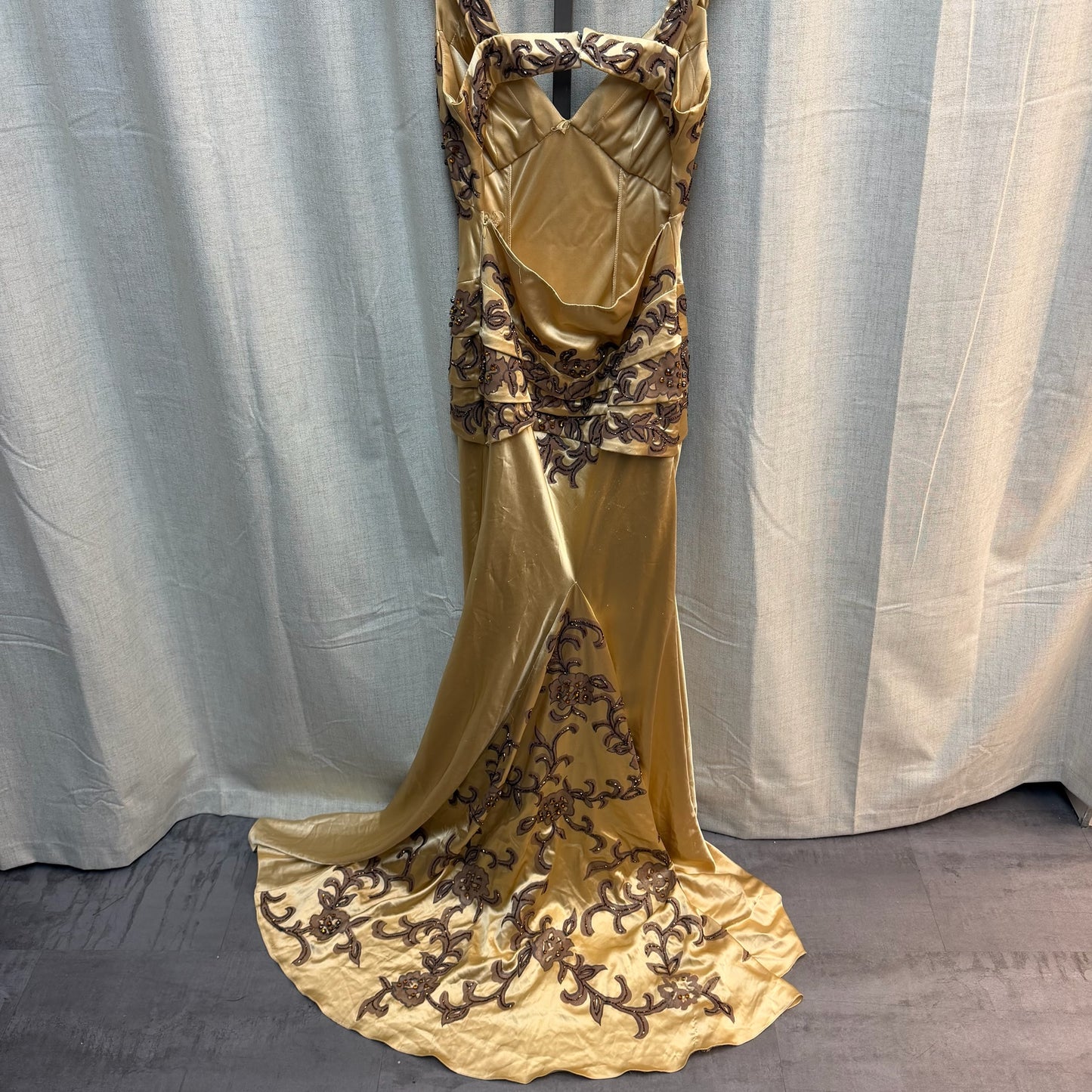 ZM Woman Gold Embellished Satin Evening Gown