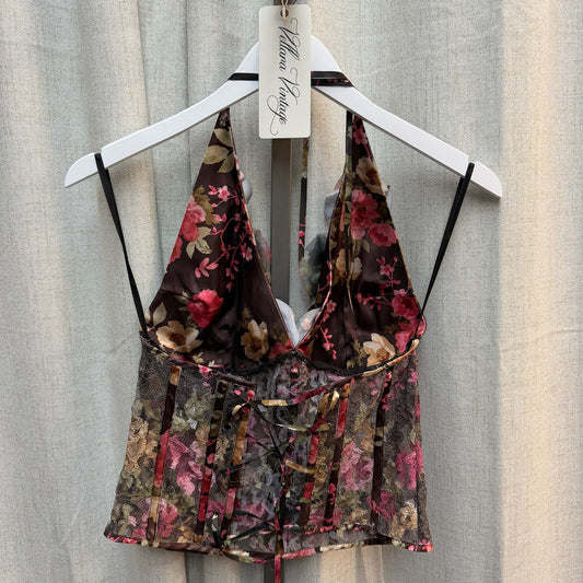 Brown Multicolor Floral Lace-Up Corset Top