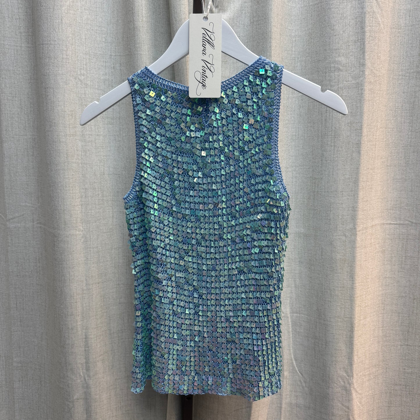 Blue Iridescent Sequin Crochet Tank Top