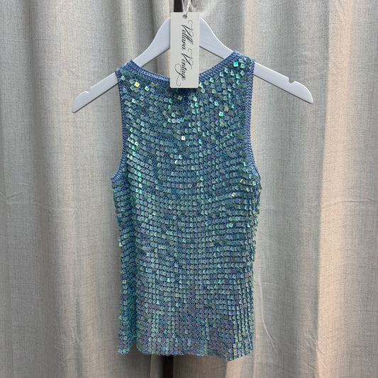 Blue Iridescent Sequin Crochet Tank Top
