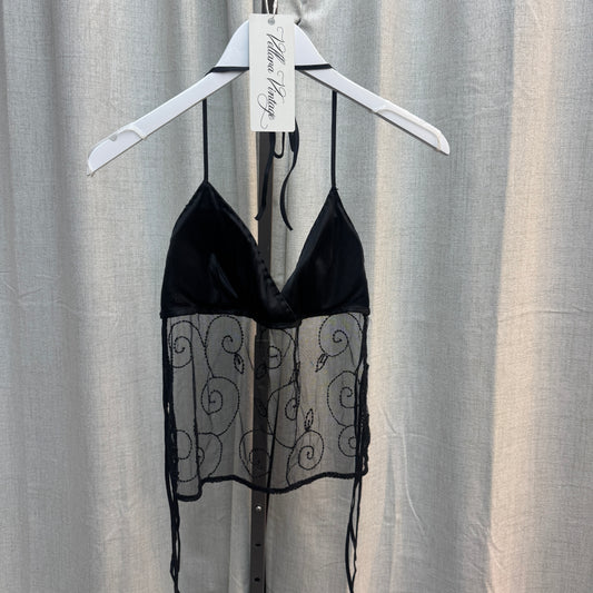 Black Beaded Sheer Mesh Halter Tie Top