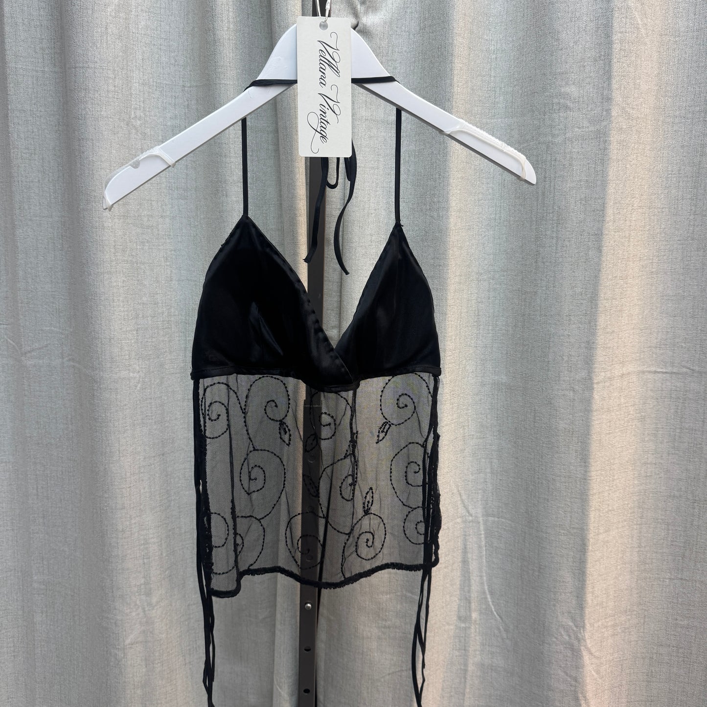 Black Beaded Sheer Mesh Halter Tie Top