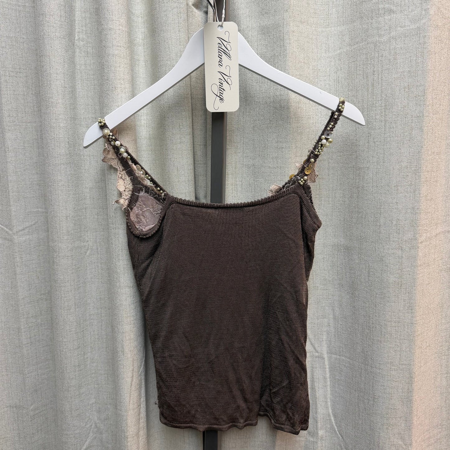 Brown Knit Top with Pink Lace and Beaded Trim