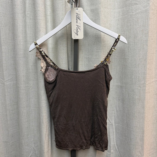 Brown Knit Top with Pink Lace and Beaded Trim