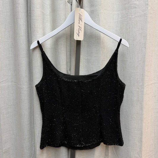 Black Beaded Top with Blue Sequin Flowers