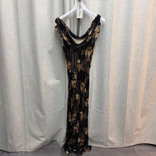 Black Silk Cowl Neck Maxi Dress w/ Tan Floral Print
