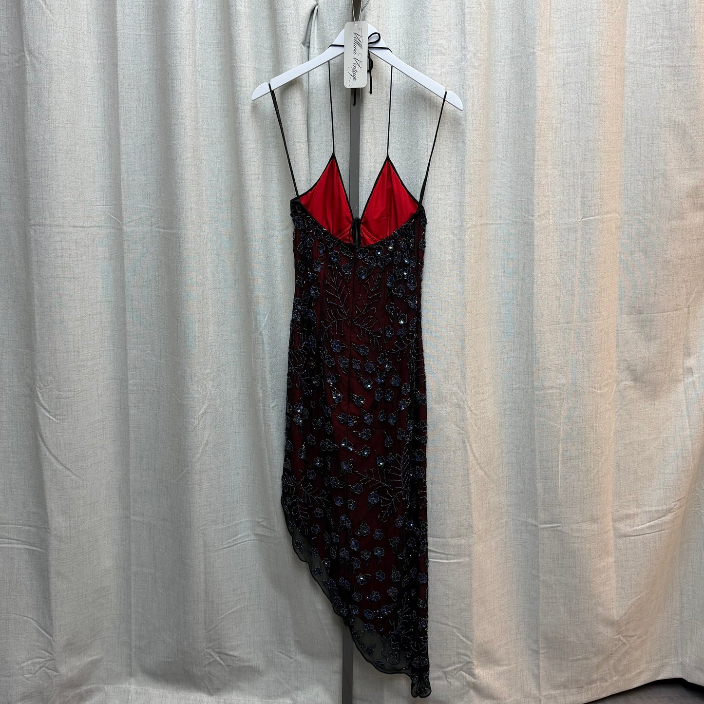 Red & Black Mesh Beaded 100% Silk Halter Midi Dress