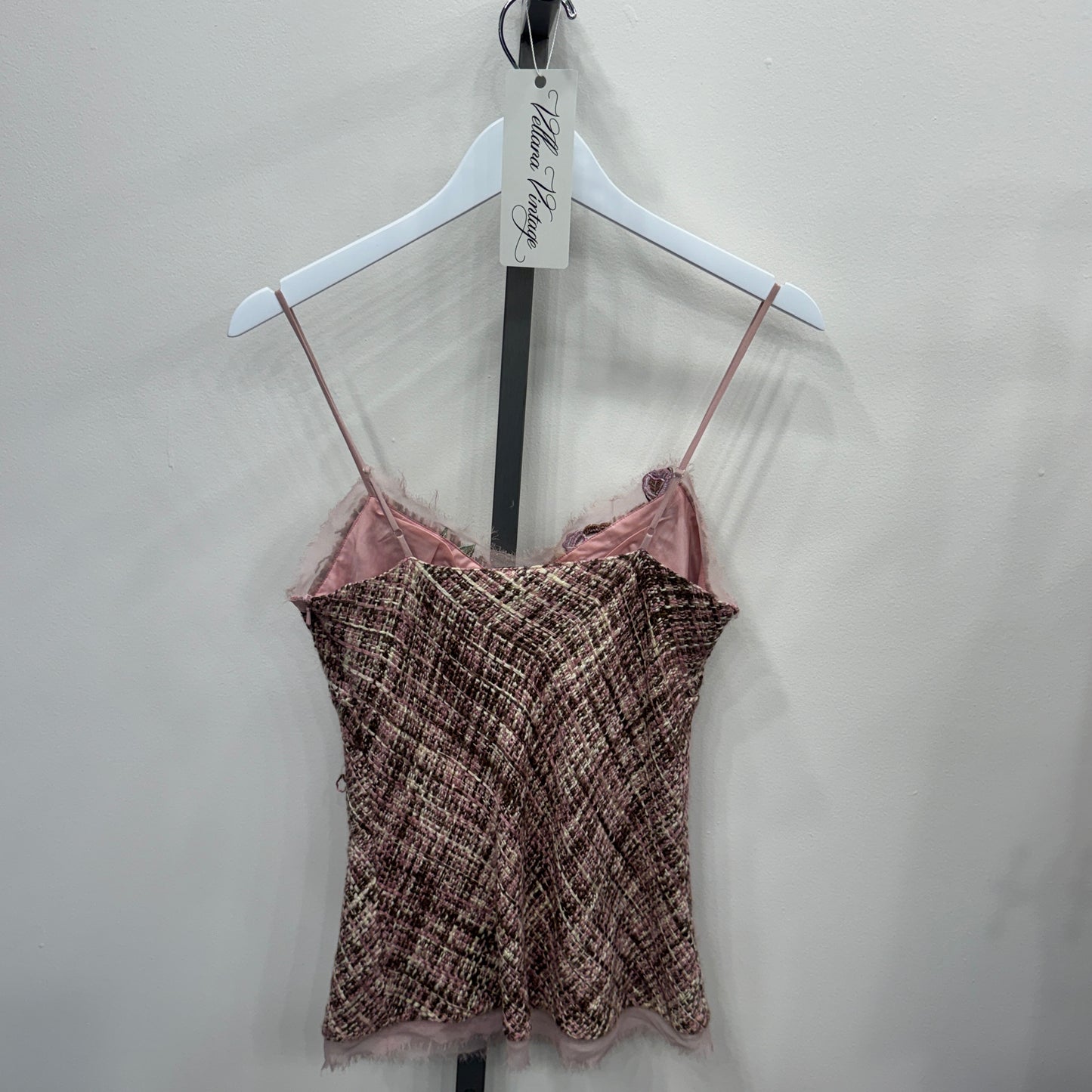 Pink Tweed Tank Top with Floral Details