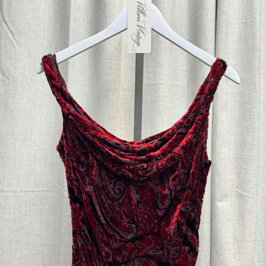 Carmen Marc Valvo Red Velvet Beaded Dress