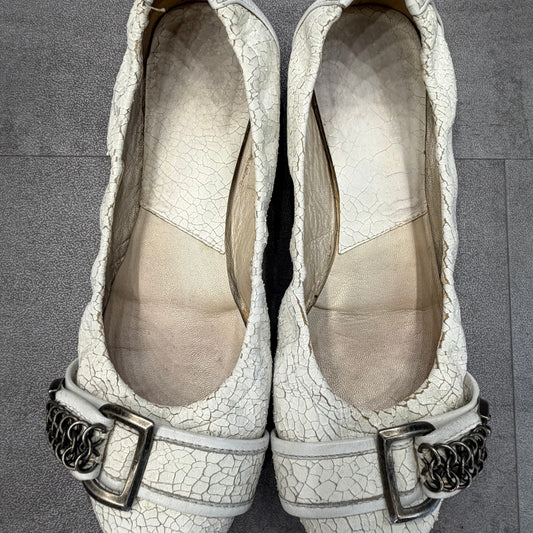 Dior White Crackled Leather Chainmail Ballet Flats