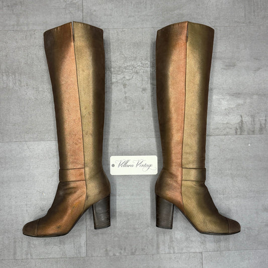Chanel Metallic Copper Leather Knee High Boots w/ Gold CC Hardware