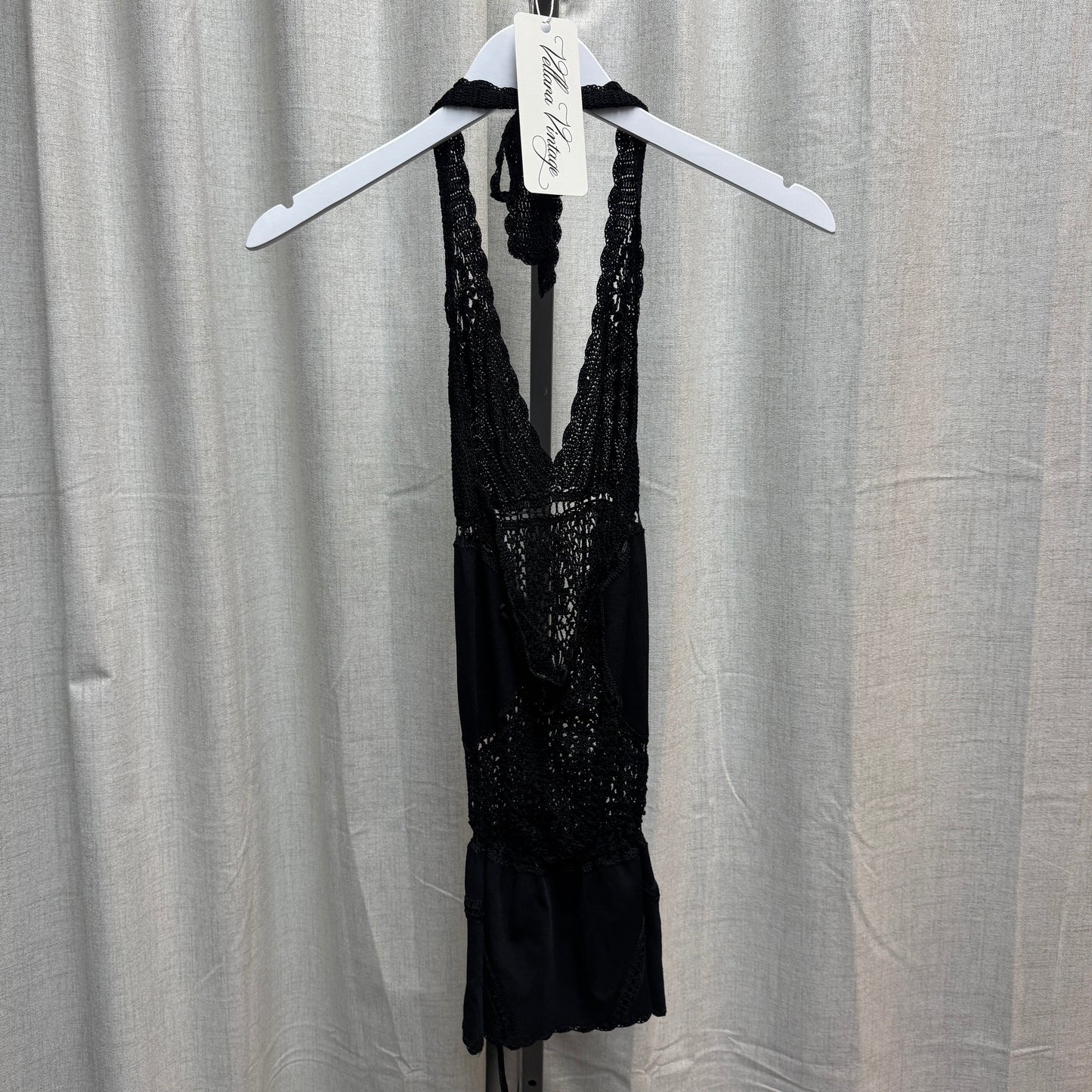 Black Beaded Halter Tie Crochet Tank Top
