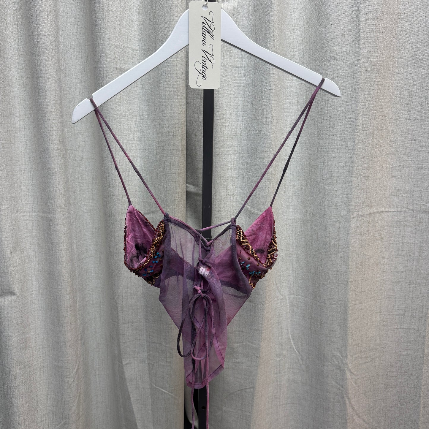 Morgan de Toi Beaded Purple Sheer Tie Back Tank Top
