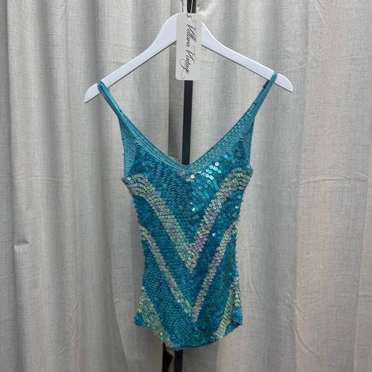 Blue and Silver Chevron Sequin Crochet Tank Top