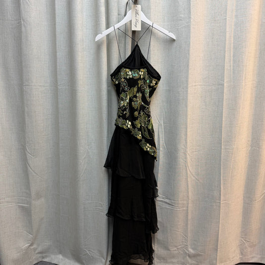 Black Embroidered Silk Ruffled Maxi Dress