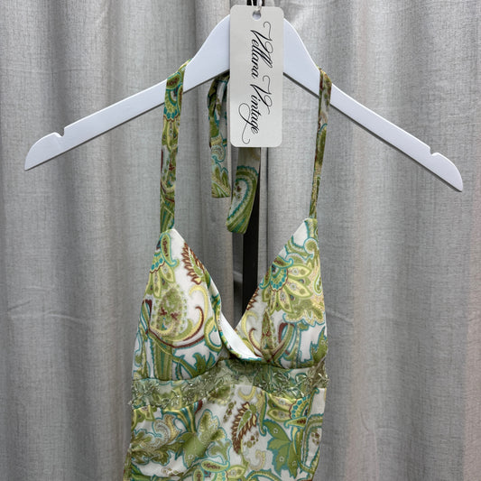 Green Paisley Ruched Halter Midi Dress