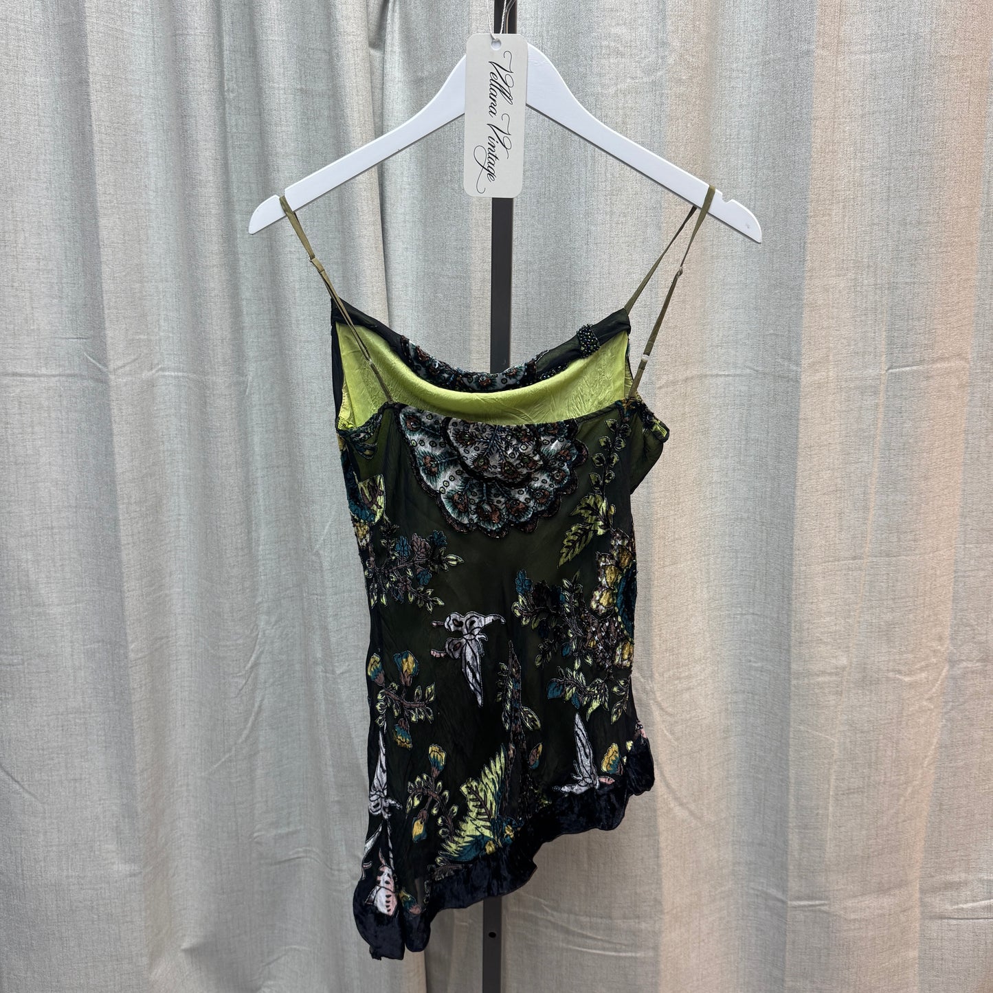 Green Sheer Floral Velvet Asymmetrical Tank Top