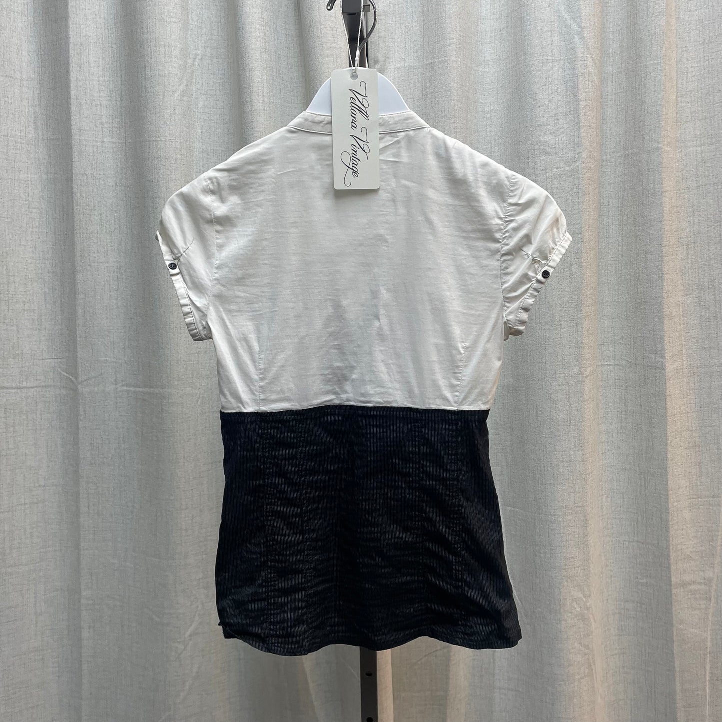 Pinstripe White Lace-Up Short Sleeve Blouse