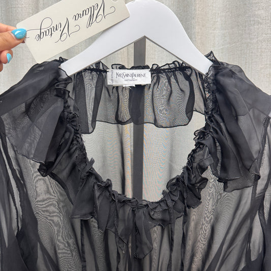 Yves Saint Laurent Variation Sheer Black Silk Cinched Blouse