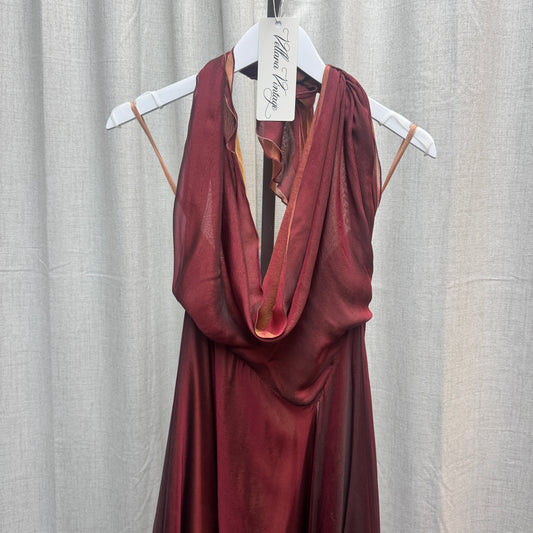 Diane Von Furstenberg Burgundy Silk Layered Cowl Halter Midi Dress