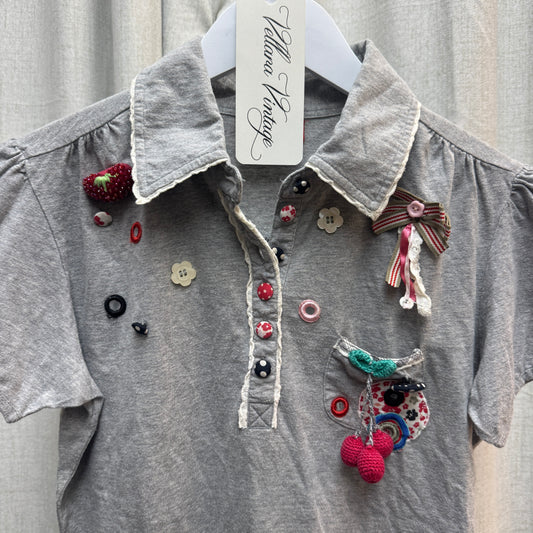Gray Button Embellished Polo Short Sleeve Top