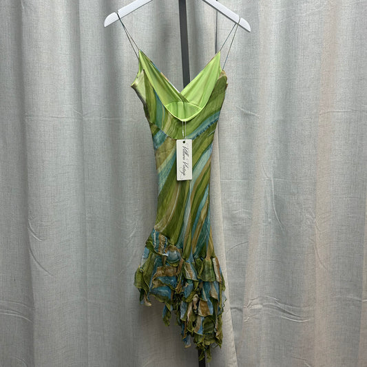 90s Silk Green and Blue Ruffle Striped Midi Dress
