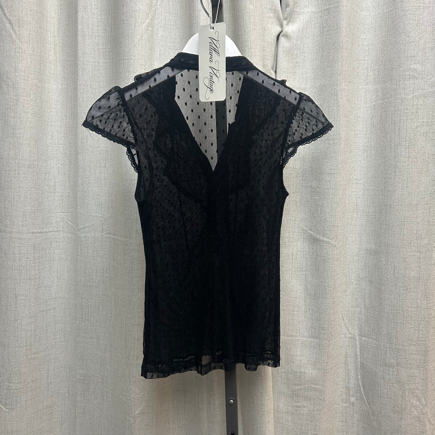 Black Sheer Polka Dot Tie-Front Ruffle Blouse