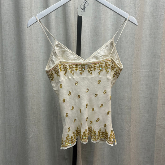 Bebe White & Gold Silk Beaded Tank Top