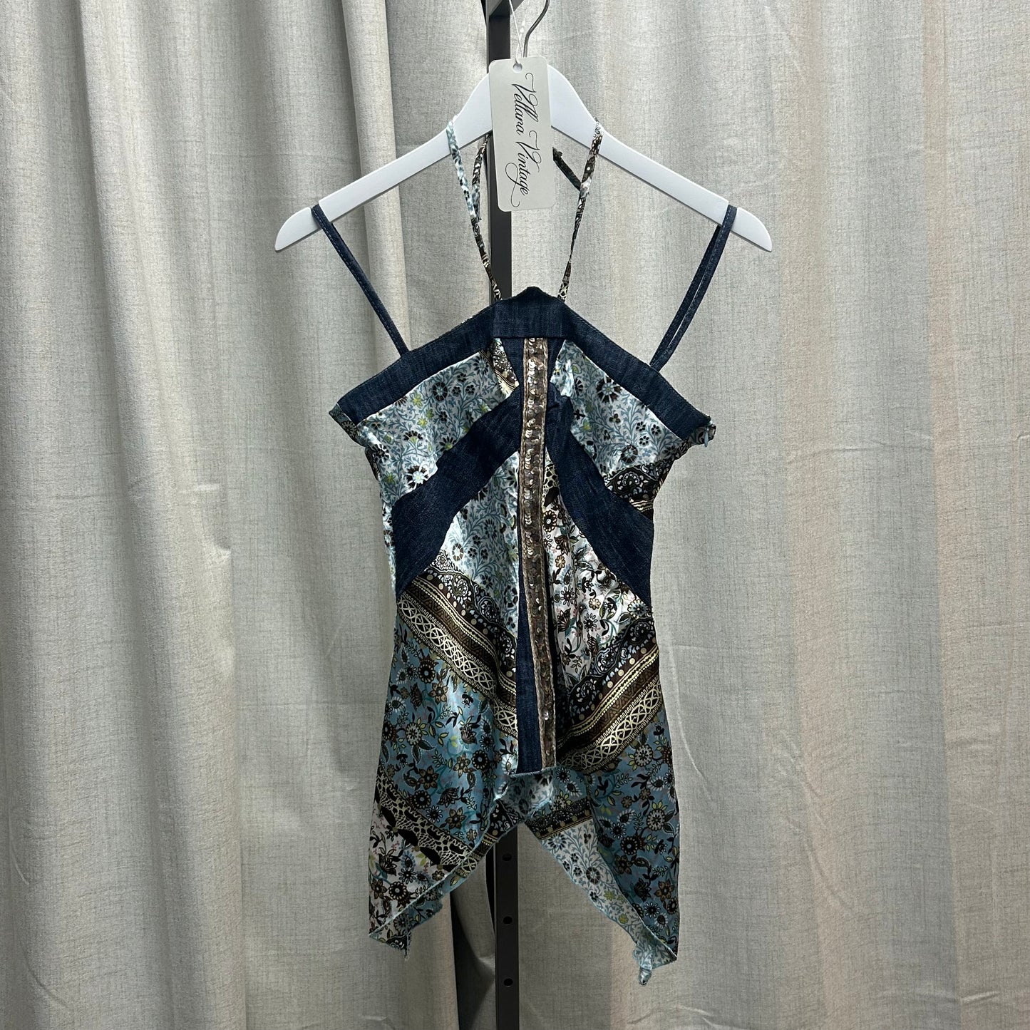 Blue Paisley Sequin Asymmetrical Halter Tank Top