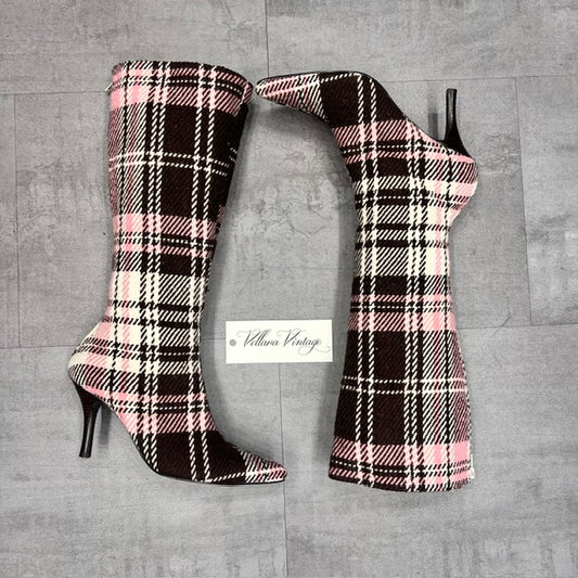 Pink and Brown Plain Pointed Toe Kitten Heel Boots