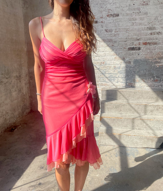 Y2k Ruffle Midi Dress with Flower Appliqué