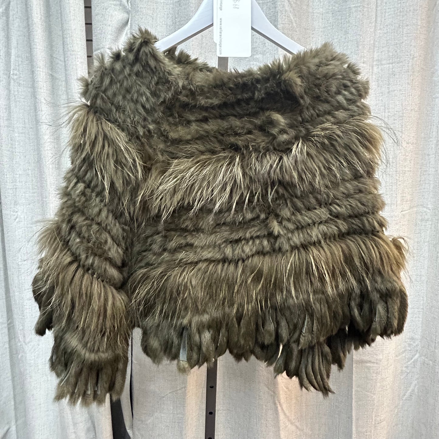 Olive Green Rabbit & Raccoon Fur Poncho