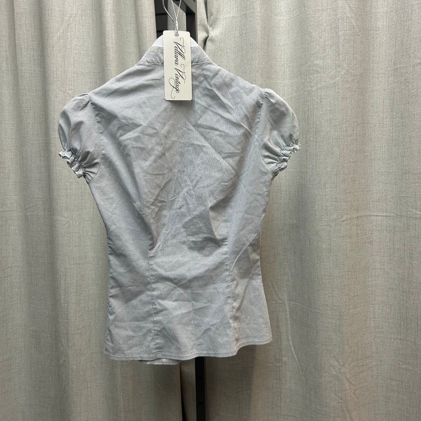 Blue and White Short Sleeve Ruffle Button Down Top