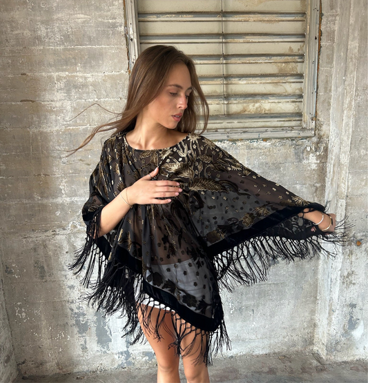 Dead-stock Burnout Velvet Fringe Poncho