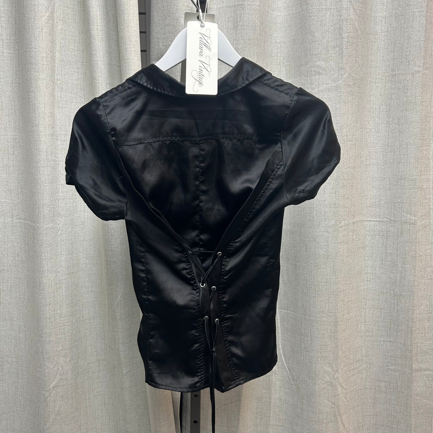 Black Short Sleeve Button Up Top with Lace-Up Back