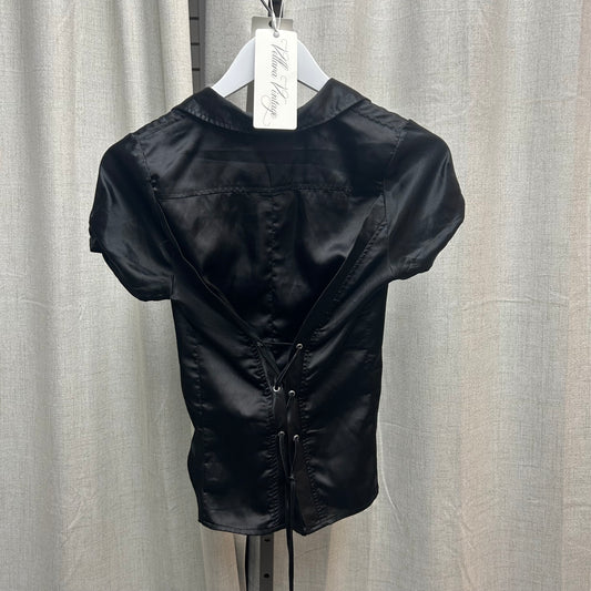 Black Short Sleeve Button Up Top with Lace-Up Back