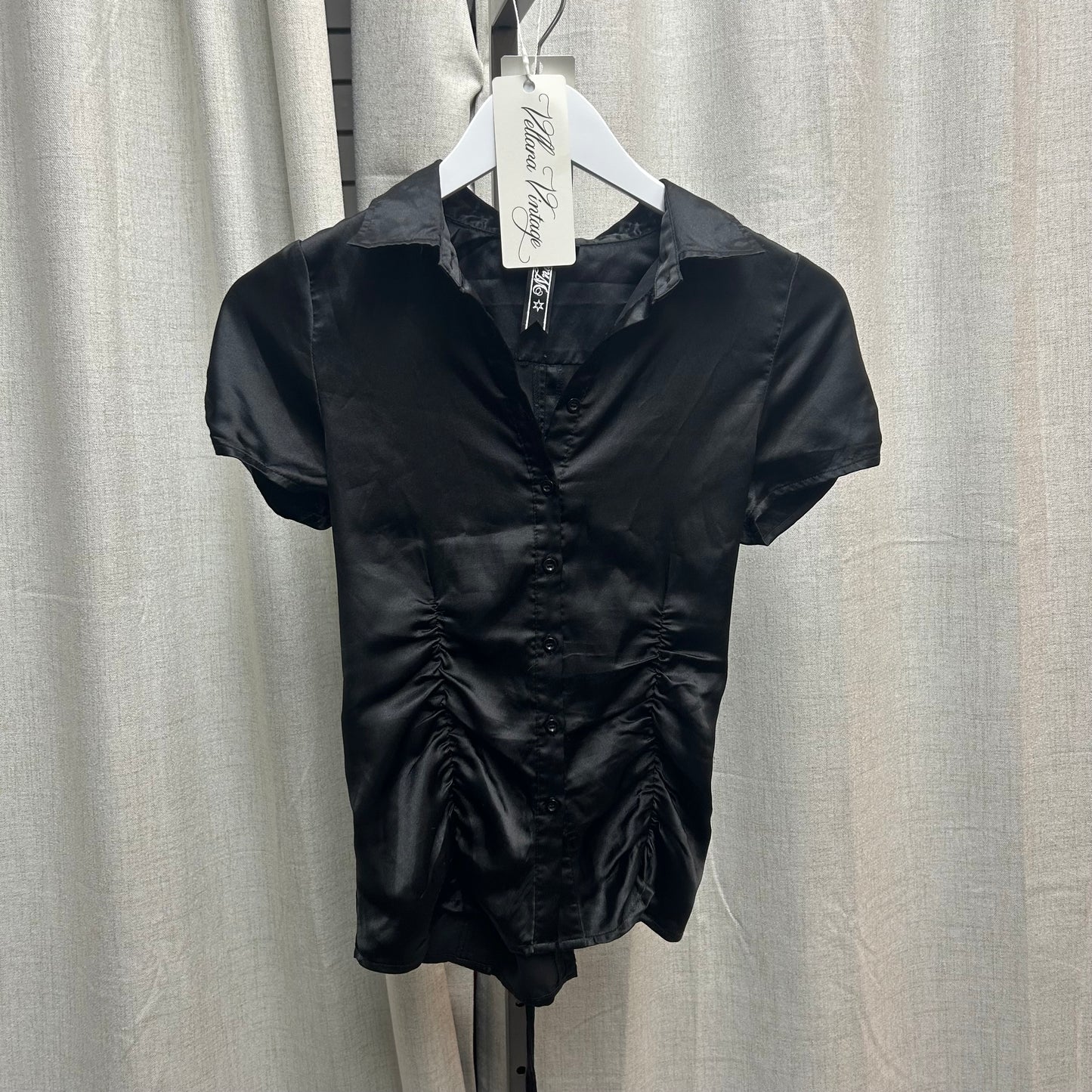 Black Short Sleeve Button Up Top with Lace-Up Back